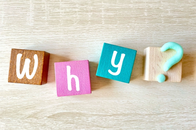「ｗｈｙ？」と書かれたカラフルな木のブロックとクエッションマーク